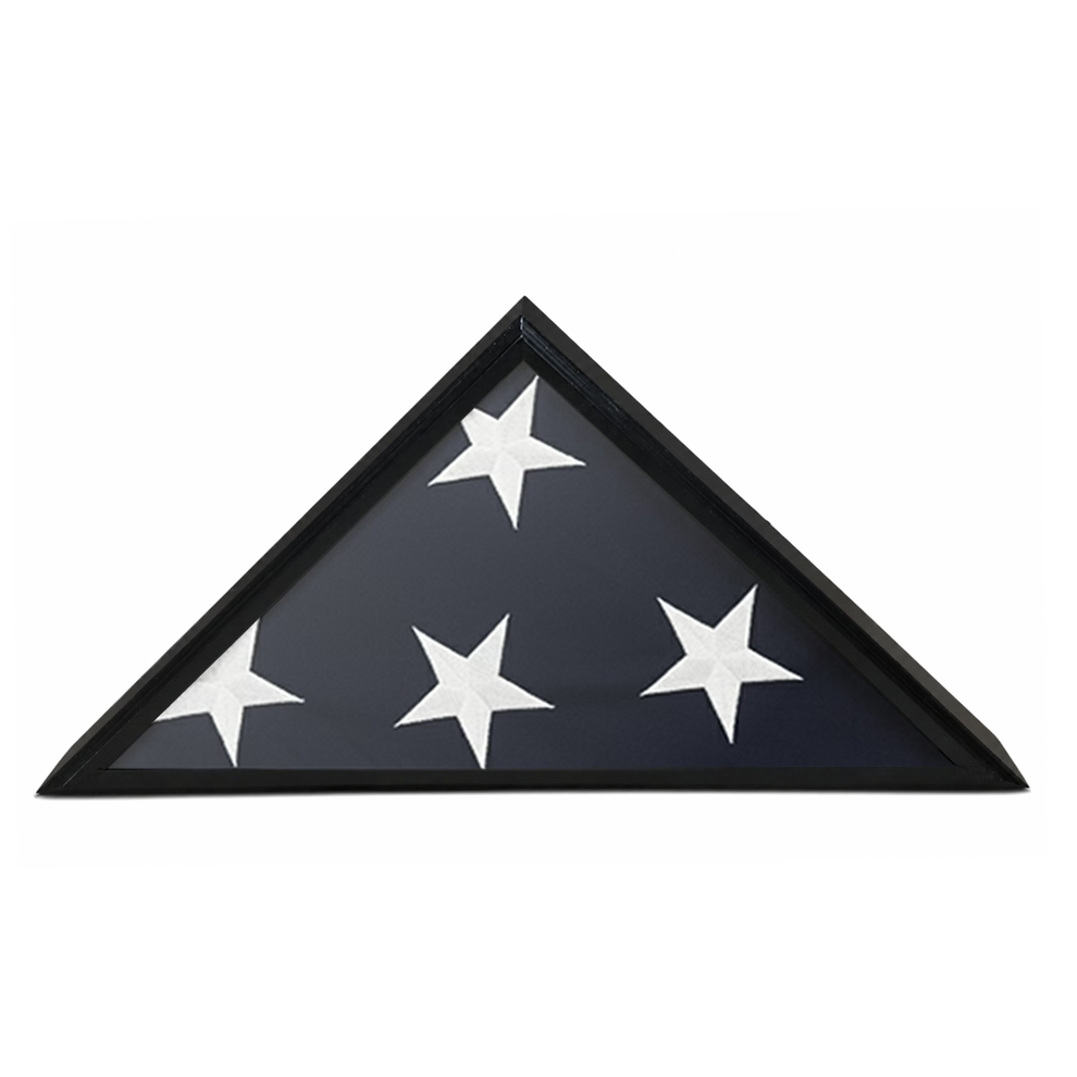 A triangular flag display case with a wooden frame on a white background featuring.  The flag is folded showing four white stars and the blue canton