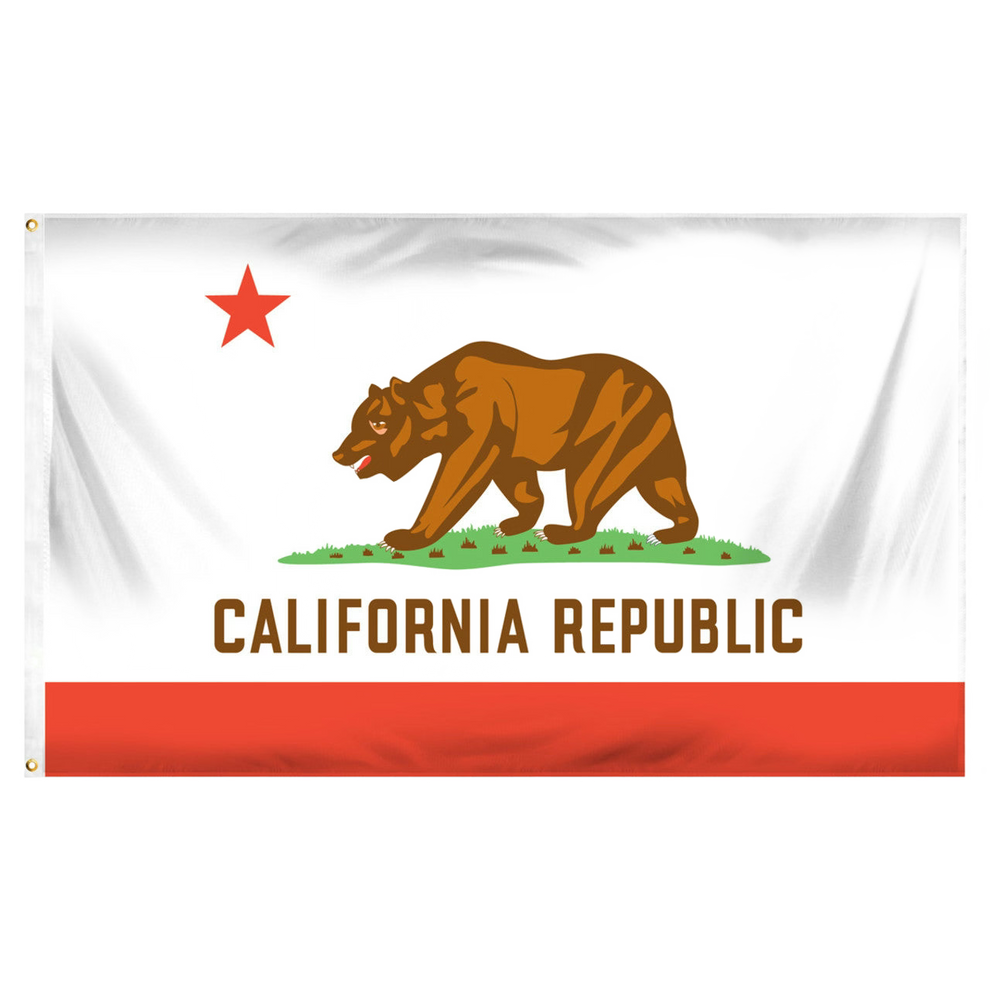 State of California flag featuring a grizzly bear, a red star, and the words 'CALIFORNIA REPUBLIC' on a white background with a red bottom stripe