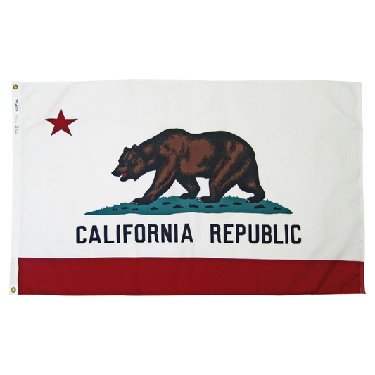 State of California flag featuring a grizzly bear, a red star, and the words 'CALIFORNIA REPUBLIC' on a white background with a red bottom stripe