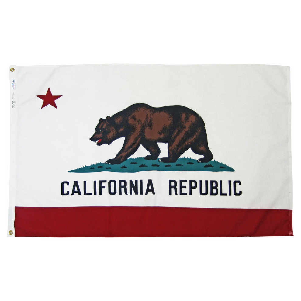 State of California flag featuring a grizzly bear, a red star, and the words 'CALIFORNIA REPUBLIC' on a white background with a red bottom stripe