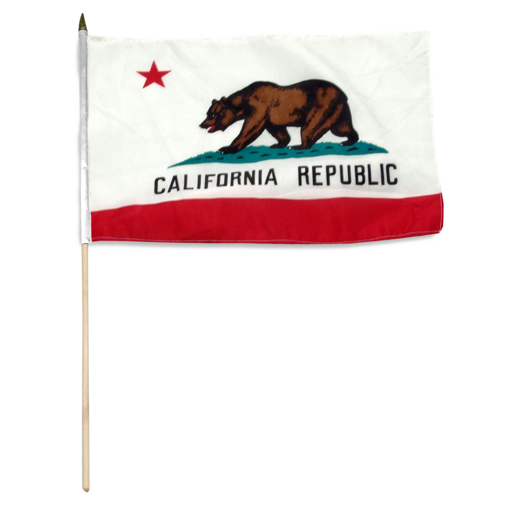 State of California stick flag featuring a grizzly bear, a red star, and the words 'CALIFORNIA REPUBLIC' on a white background with a red bottom stripe
