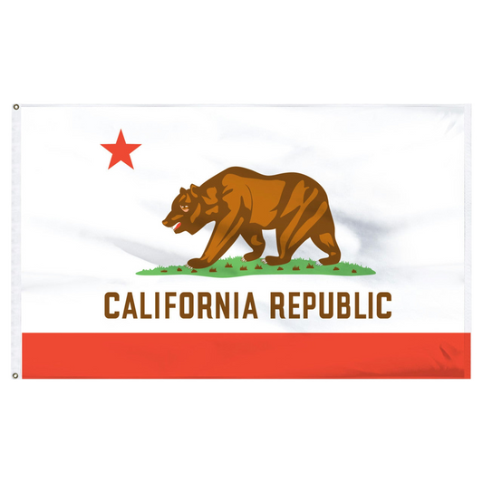 State of California flag featuring a grizzly bear, a red star, and the words 'CALIFORNIA REPUBLIC' on a white background with a red bottom stripe