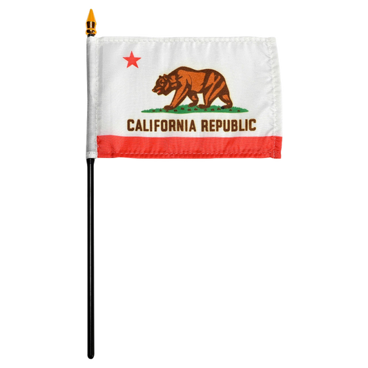 State of California stick flag featuring a grizzly bear, a red star, and the words 'CALIFORNIA REPUBLIC' on a white background with a red bottom stripe