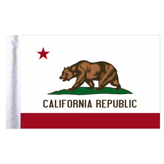 State of California flag featuring a grizzly bear, a red star, and the words 'CALIFORNIA REPUBLIC' on a white background with a red bottom stripe