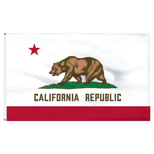 State of California flag featuring a grizzly bear, a red star, and the words 'CALIFORNIA REPUBLIC' on a white background with a red bottom stripe