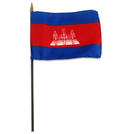 Flag of Cambodia with a temple emblem on a white background
