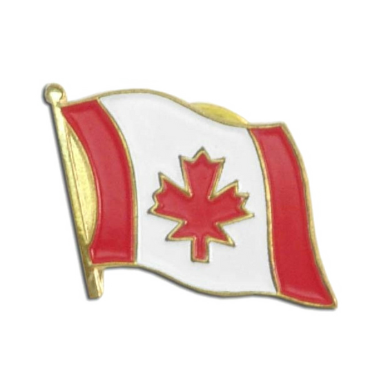 Canadian flag lapel pin with gold border on a white background