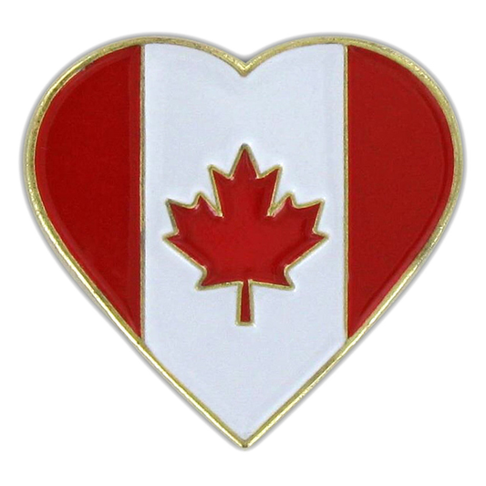 Heart-shaped pin with Canadian flag design on a white background