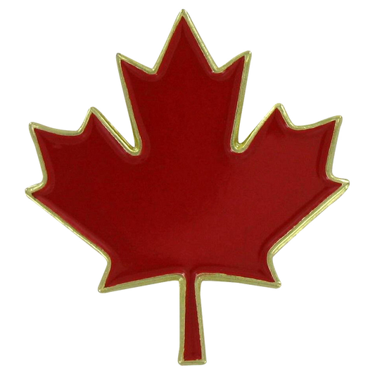 Red maple leaf lapel pin with gold border on a white background