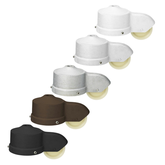 Five different colored cap style single stationary trucks on a white background