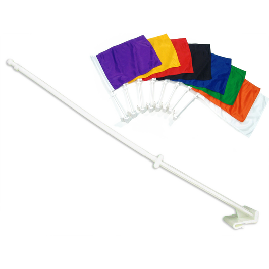 White car flagpole with various attachable flags of different colors