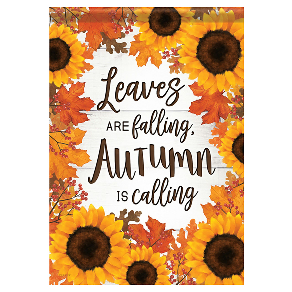 Autumn-themed flag with sunflowers and leaves and text 'Leaves are falling, Autumn is calling' on a white background.
