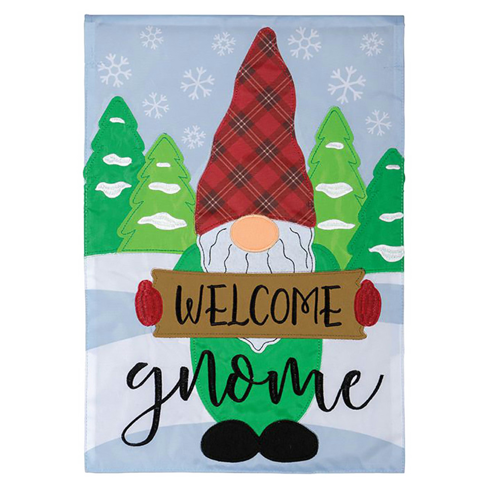 Decorative flag with a gnome holding a 'Welcome gnome' sign, set against a snowy landscape.
