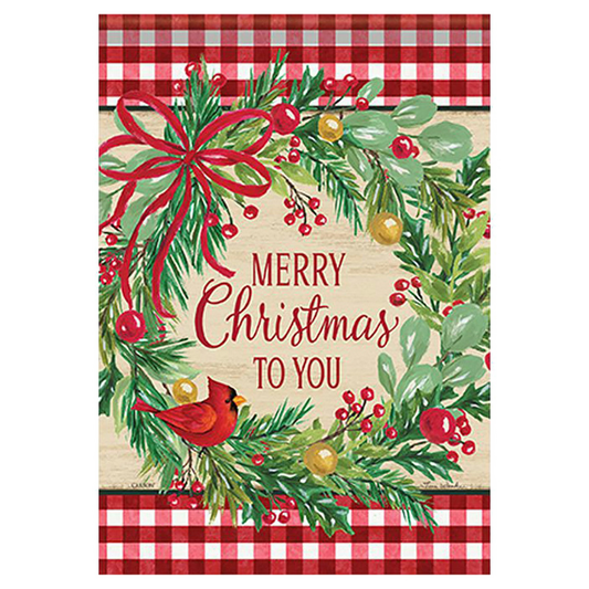 Christmas-themed decorative flag with red ribbon, greenery, cardinal, and 'Merry Christmas to You' text on a red and white checkered border.