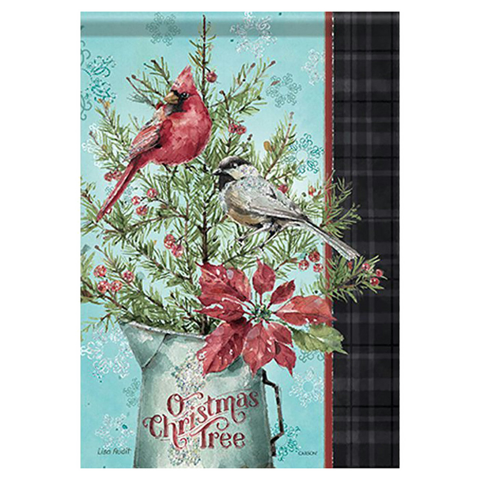 Decorative garden flag with Christmas design featuring a cardinal, chickadee, and poinsettia on a blue background.