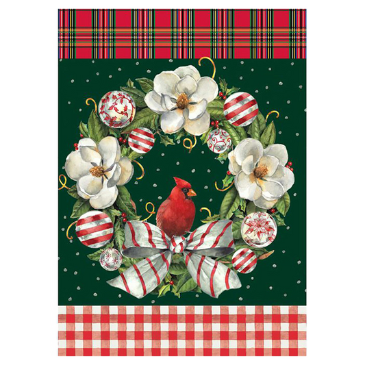 Christmas-themed decorative flag with a cardinal, wreath, and plaid border on a green background.