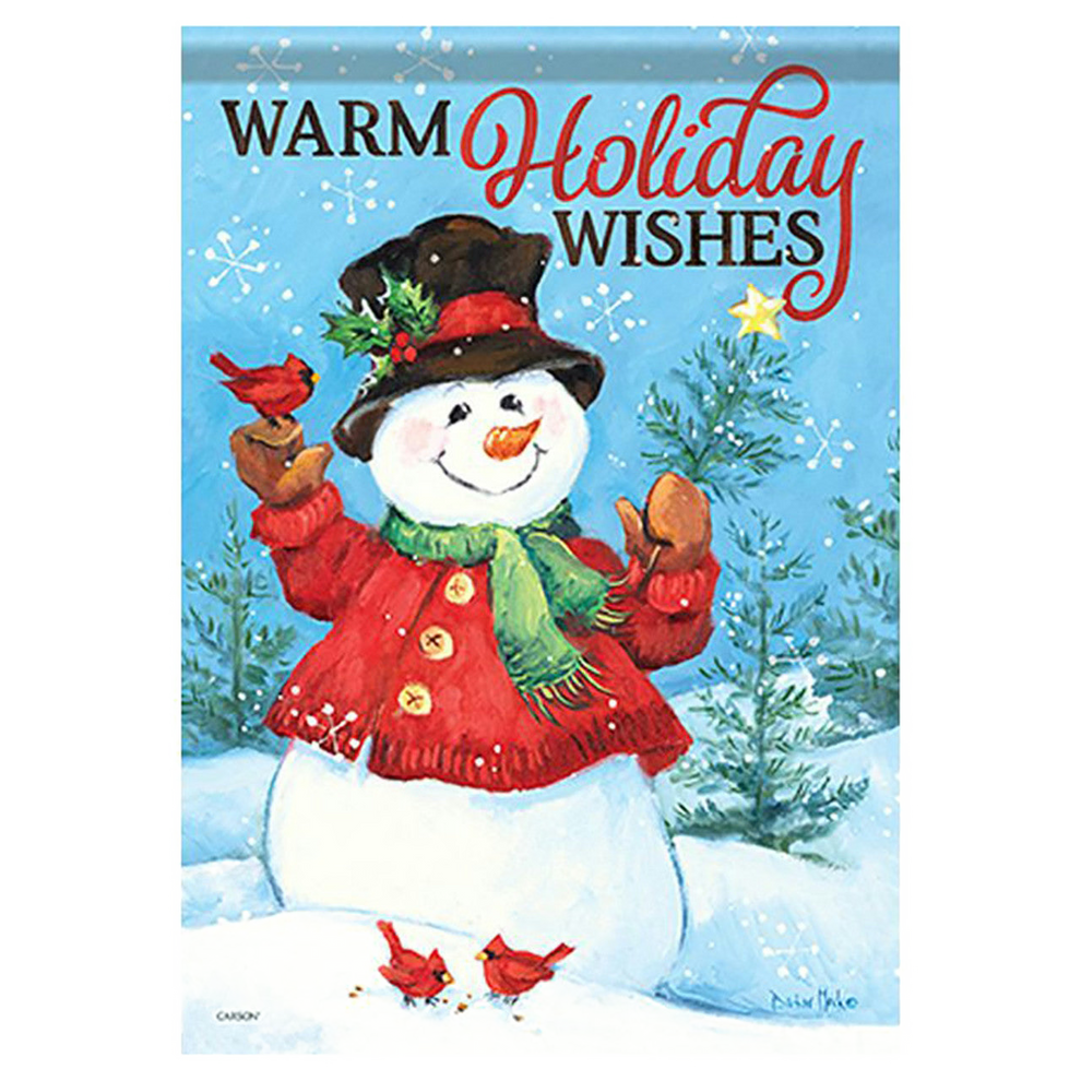 Christmas garden flag with a snowman wearing a red hat and scarf, holding cookies, with 'Warm Holiday Wishes' text.