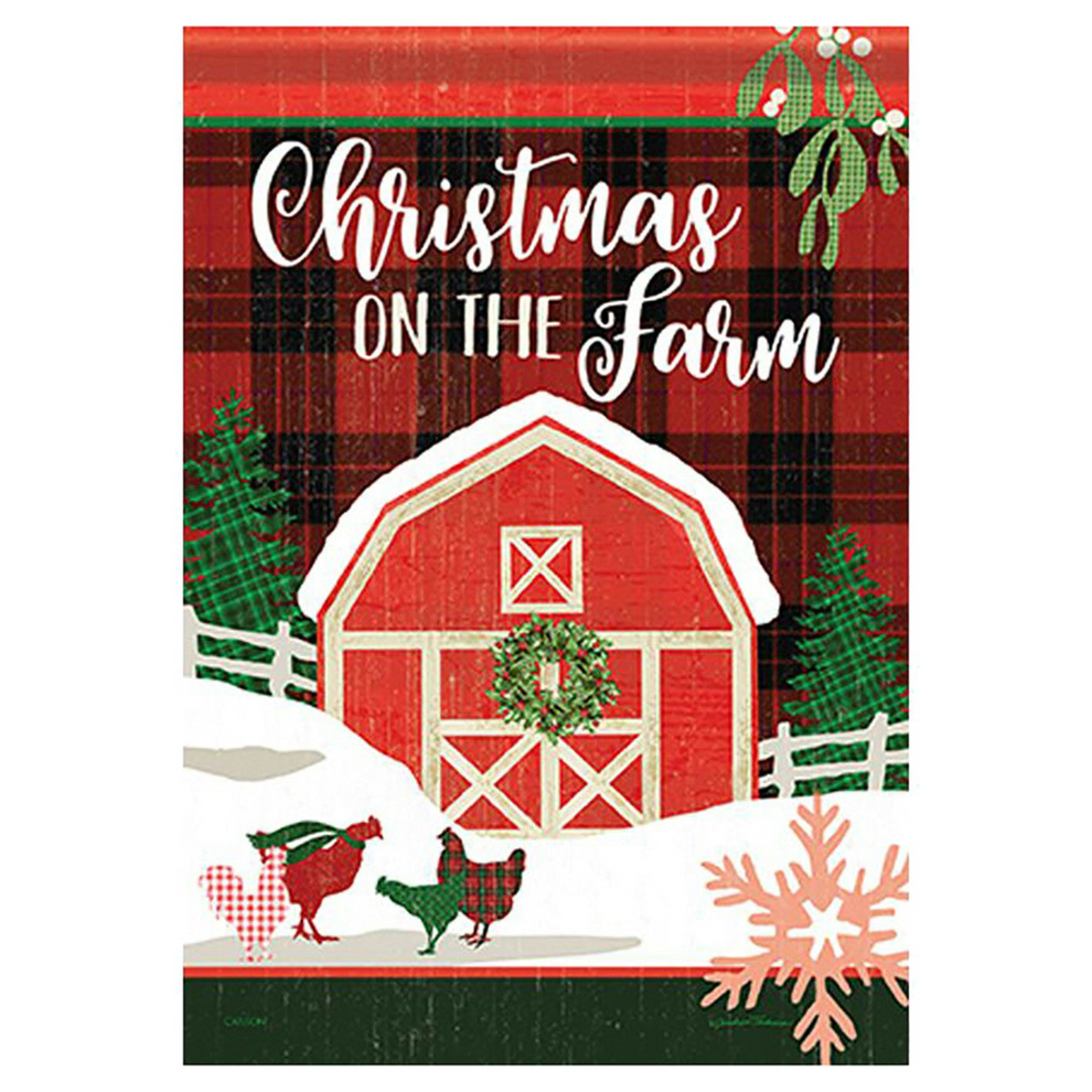 Decorative flag with a red barn, chickens, and Christmas elements on a plaid background.