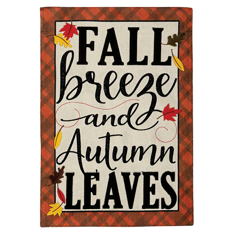 Decorative garden flag with 'Fall breeze and Autumn leaves' text on a plaid background.