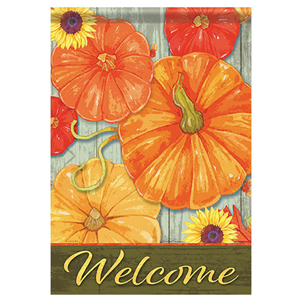 Decorative flag with pumpkins and sunflowers featuring the word 'Welcome'.