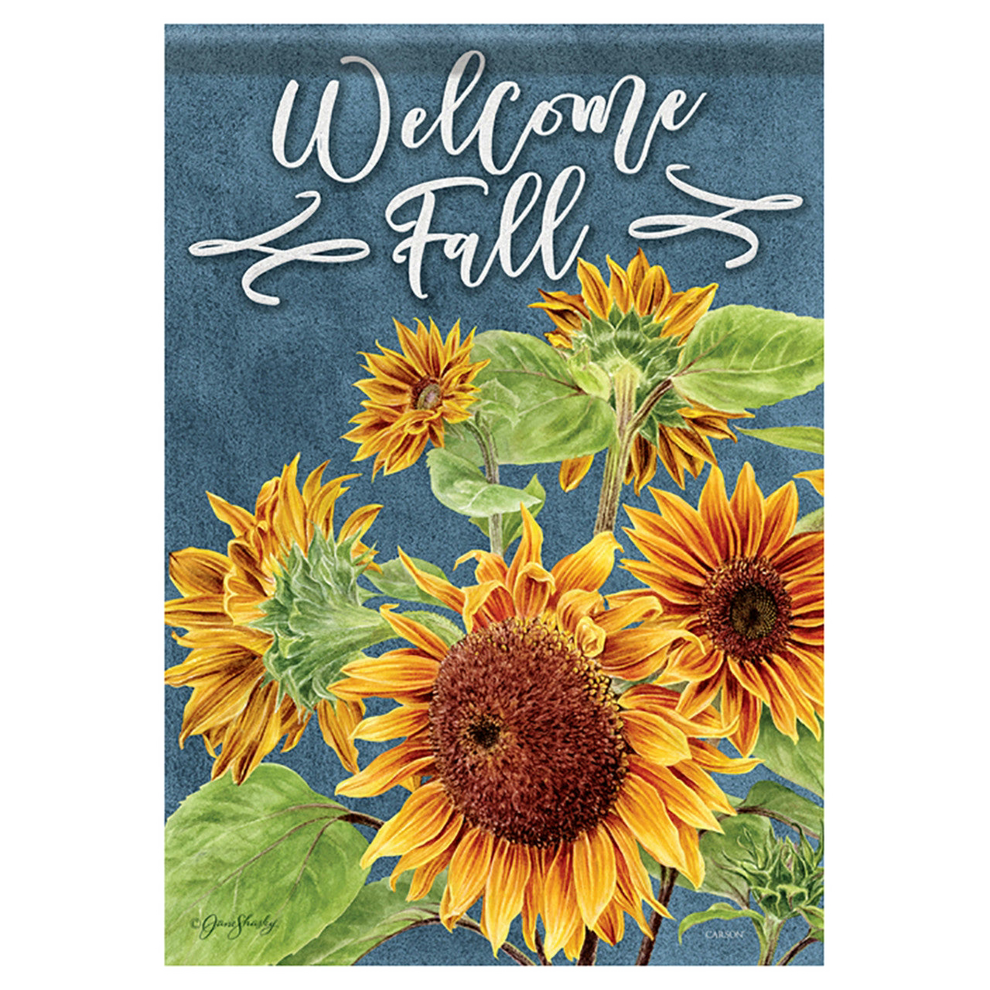 Decorative garden flag with sunflowers and 'Welcome Fall' text on a blue background