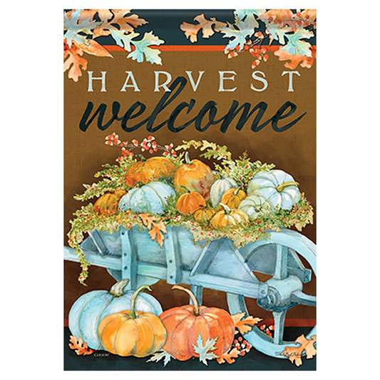 Decorative flag with pumpkins, a wheelbarrow, and 'Harvest Welcome' text on a brown background.