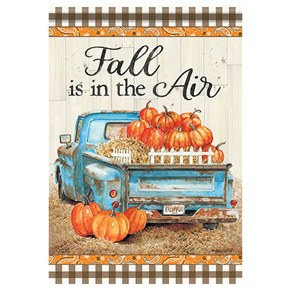 Decorative banner with a blue truck and pumpkins, featuring the text 'Fall is in the Air' on a checkered border.