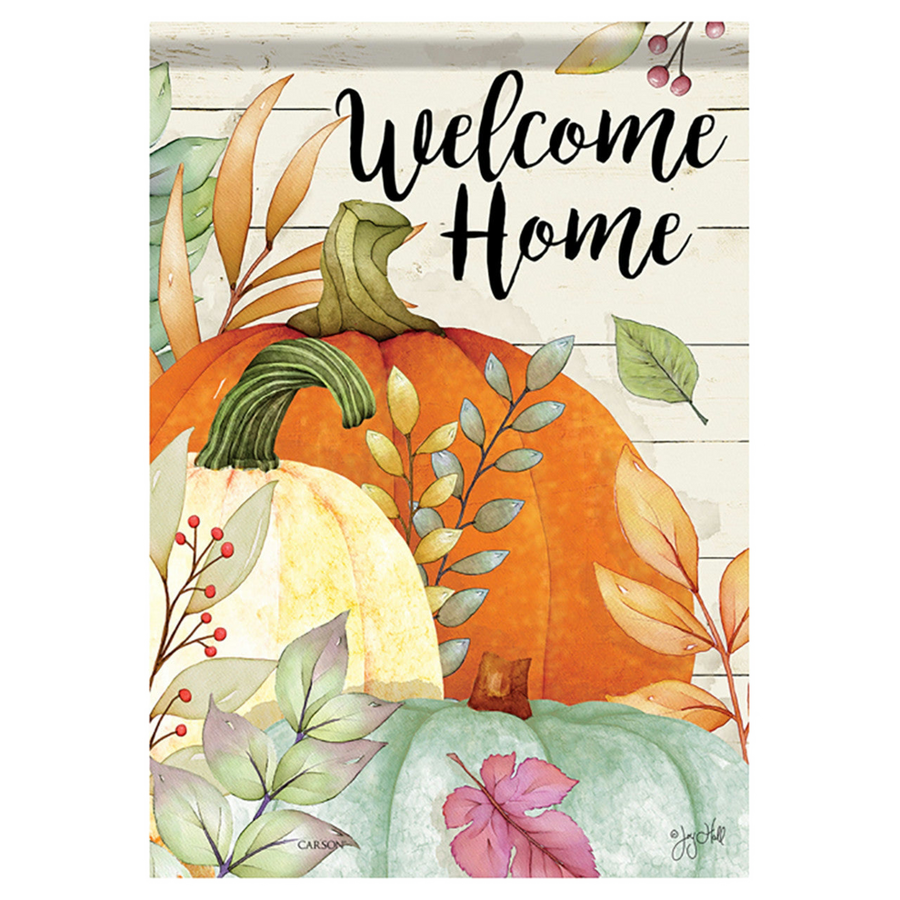 Decorative garden flag with pumpkins and leaves featuring the text 'Welcome Home' on a wooden background.