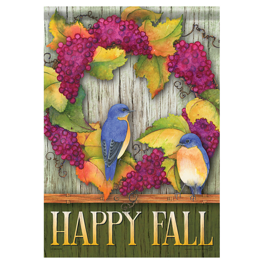 Decorative flag with bluebirds, grapes, and 'Happy Fall' text on a wooden background.