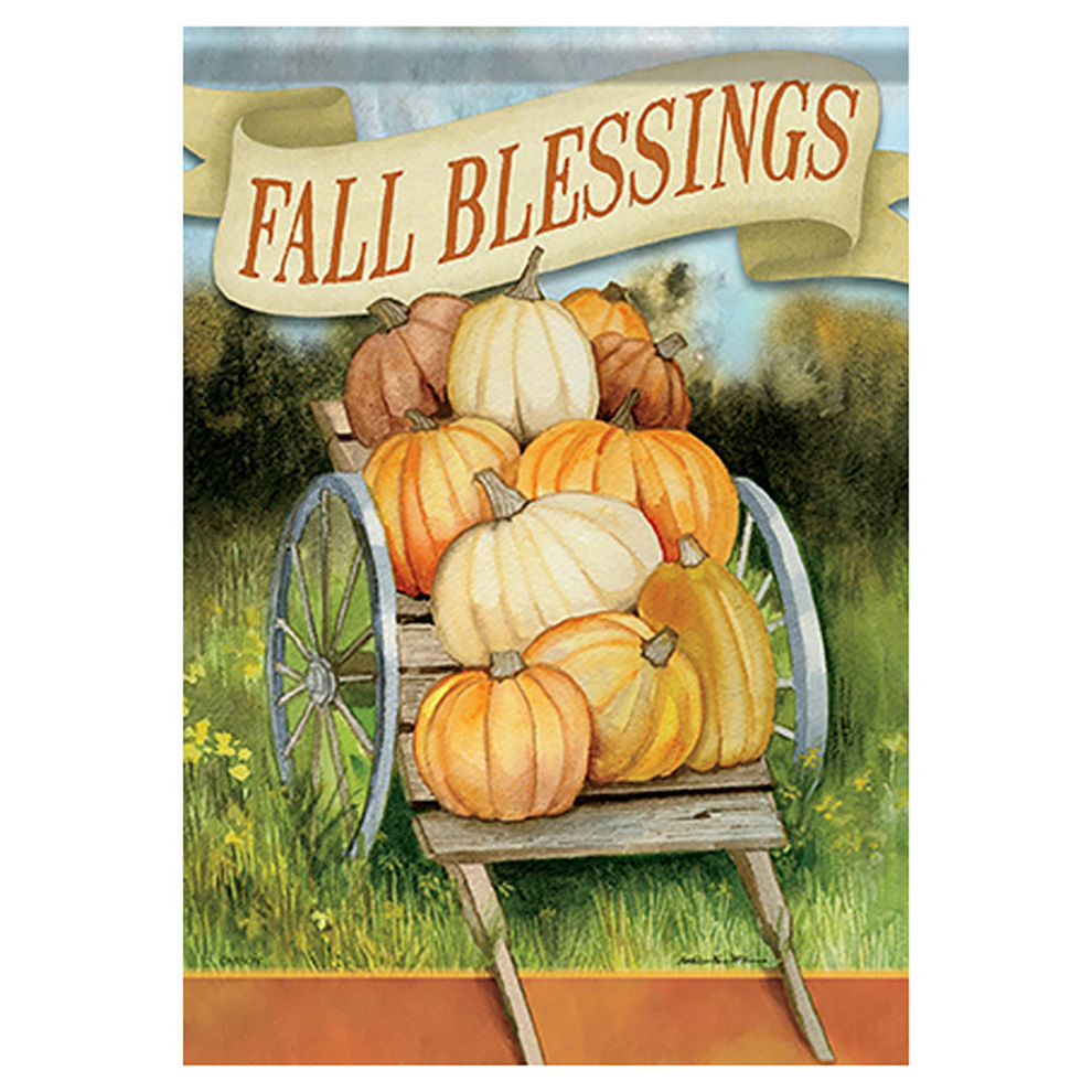 Decorative flag with pumpkins and 'Fall Blessings' text on a wagon, against a scenic background.