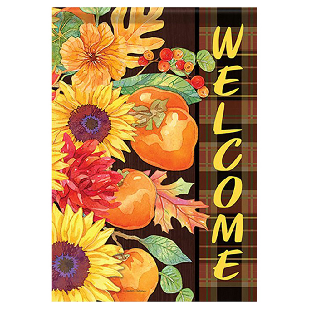 Decorative flag with autumnal design featuring sunflowers, pumpkins, and the word 'Welcome'.