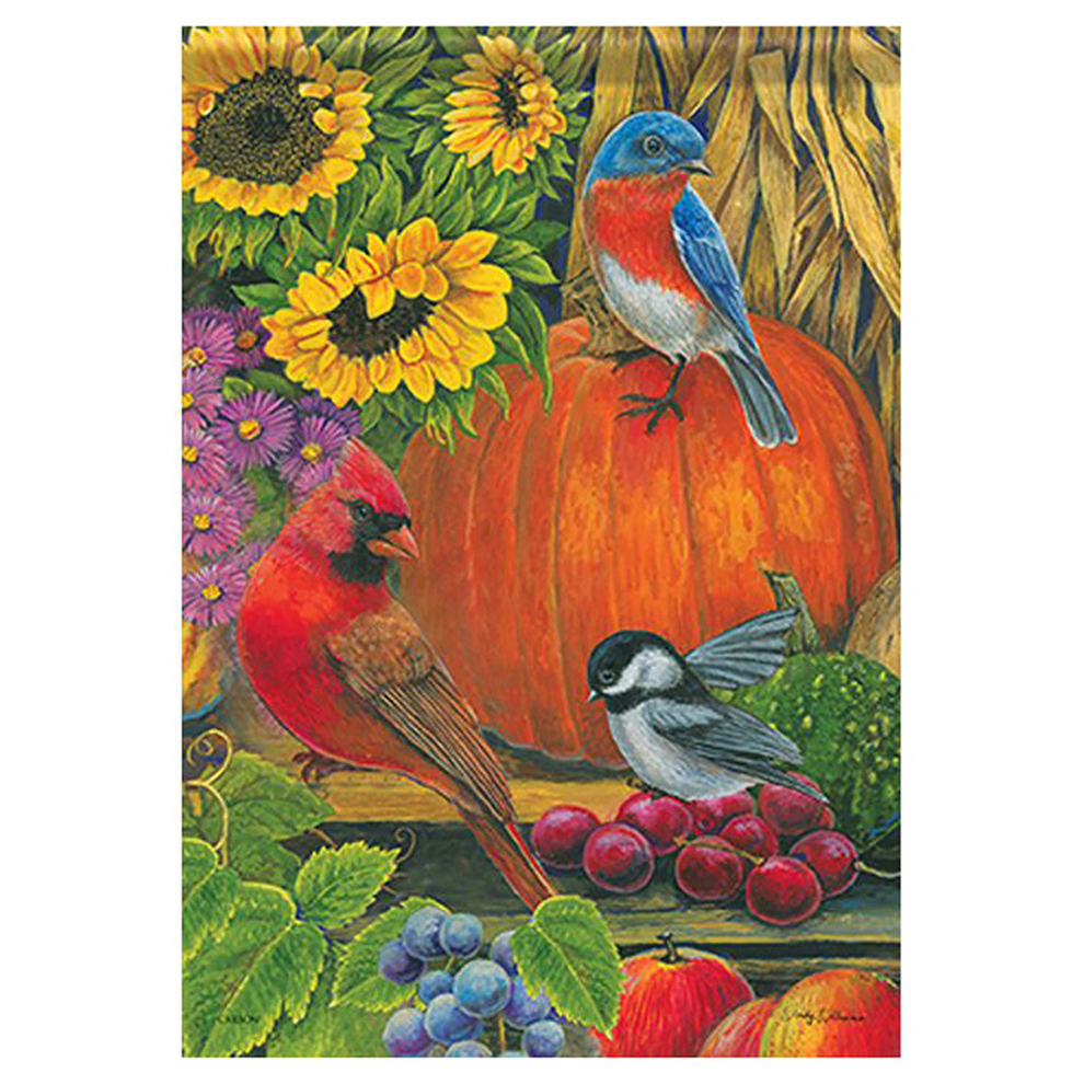 Decorative garden flag with birds and pumpkins, featuring a cardinal, bluebird, and chickadee.