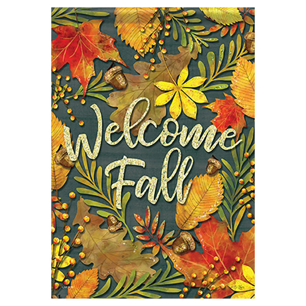 Decorative flag with autumn leaves and 'Welcome Fall' text on a white background
