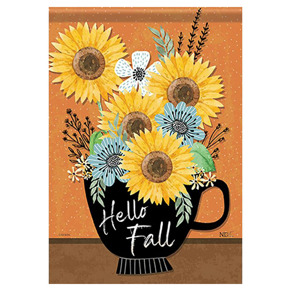 Decorative flag with sunflowers and flowers in a mug on an orange background