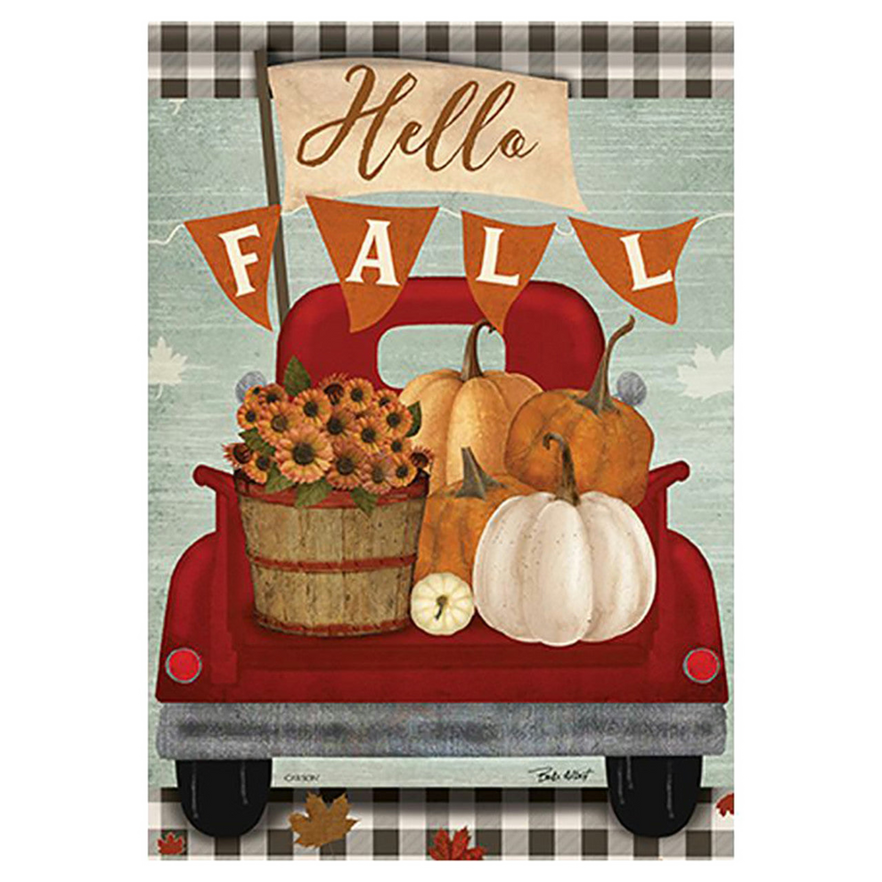 Decorative sign with a red truck, pumpkins, and 'Hello Fall' banner on a checkered background.
