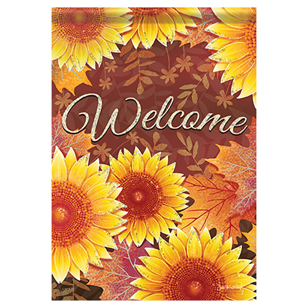 Decorative flag with sunflowers and the word 'Welcome' on a colorful background