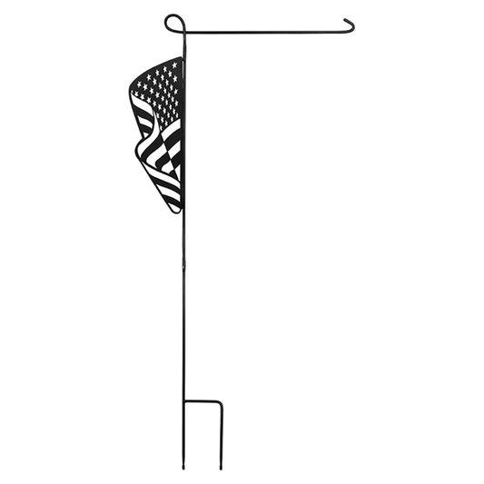 Black and white illustration of a flagpole with an American flag on a white background