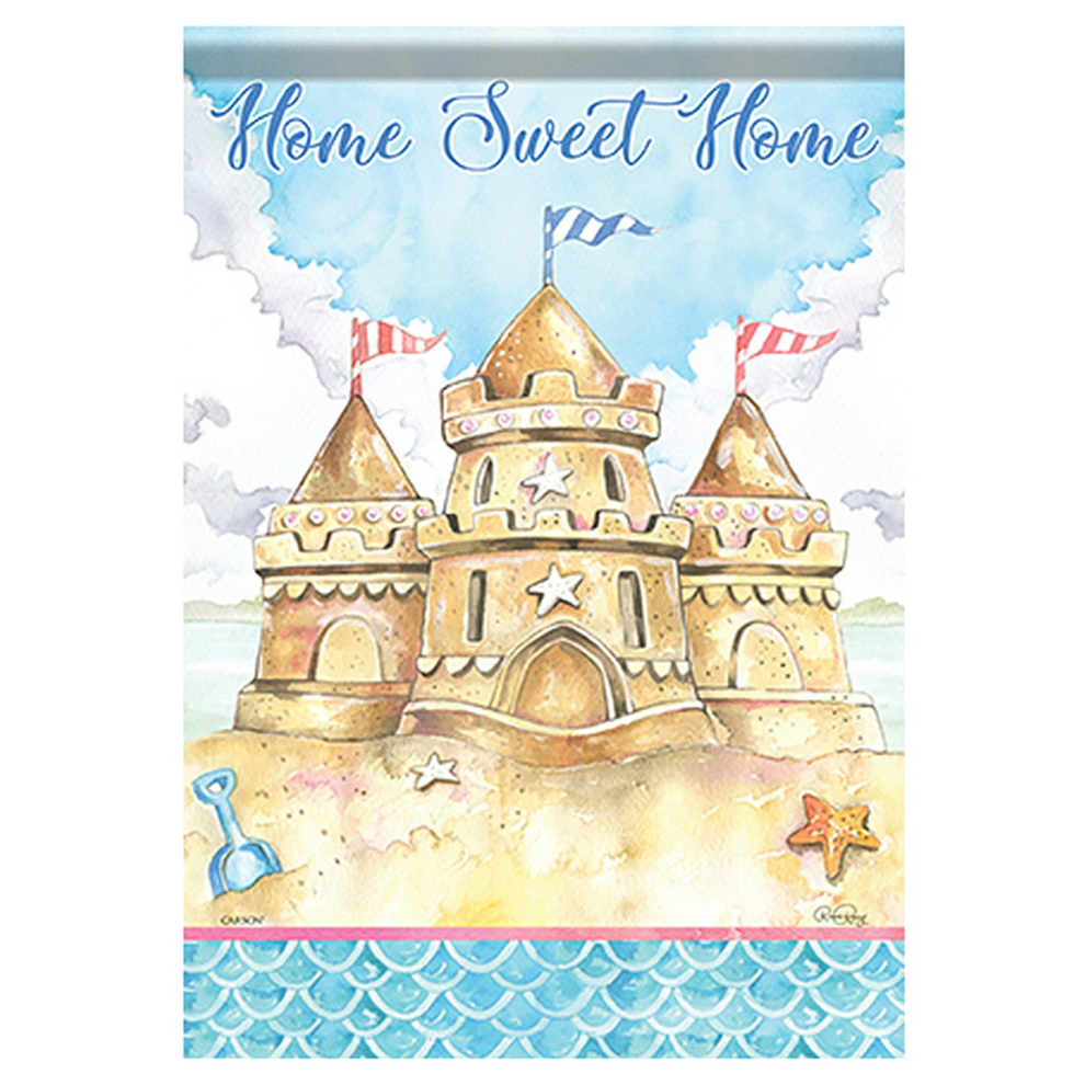 Illustration of a sandcastle with 'Home Sweet Home' text on a blue background