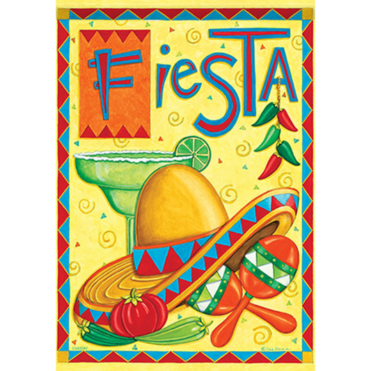 Colorful 'Fiesta' themed decorative flag with a sombrero, margarita, and maracas on a yellow background.