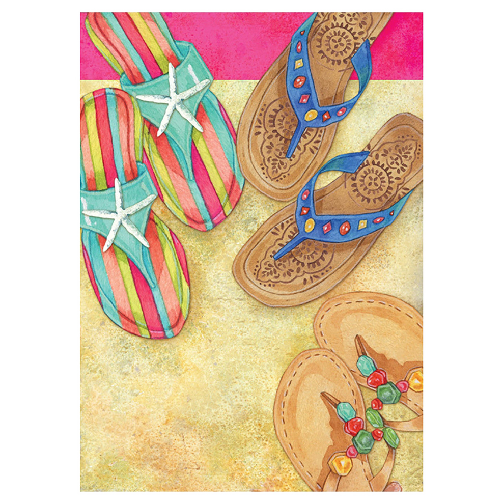 Decorative garden flag with colorful flip-flops with starfish on a sandy background
