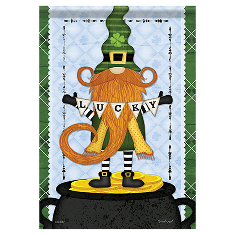 Colorful gnome with a banner saying 'Lucky' on a green and blue patterned background
