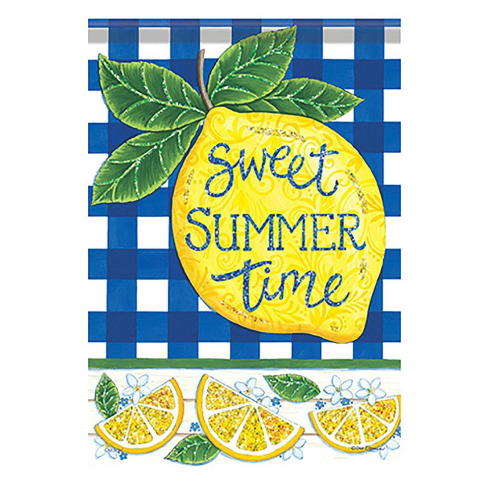 Decorative flag with a lemon design and 'Sweet Summer Time' text on a blue and white checkered background.