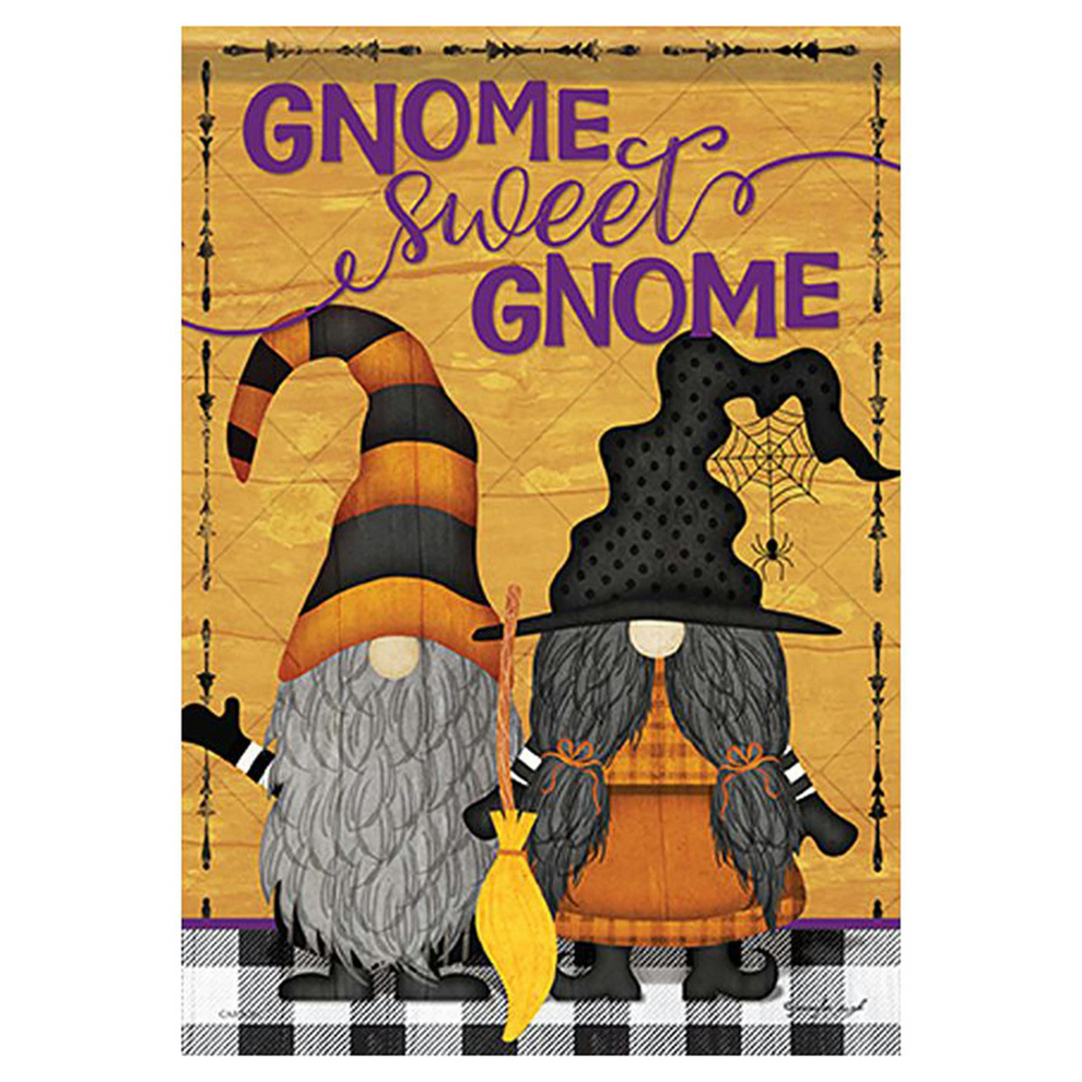 Decorative banner with two gnomes wearing Halloween-themed hats and a broom, with 'Gnome Sweet Gnome' text.