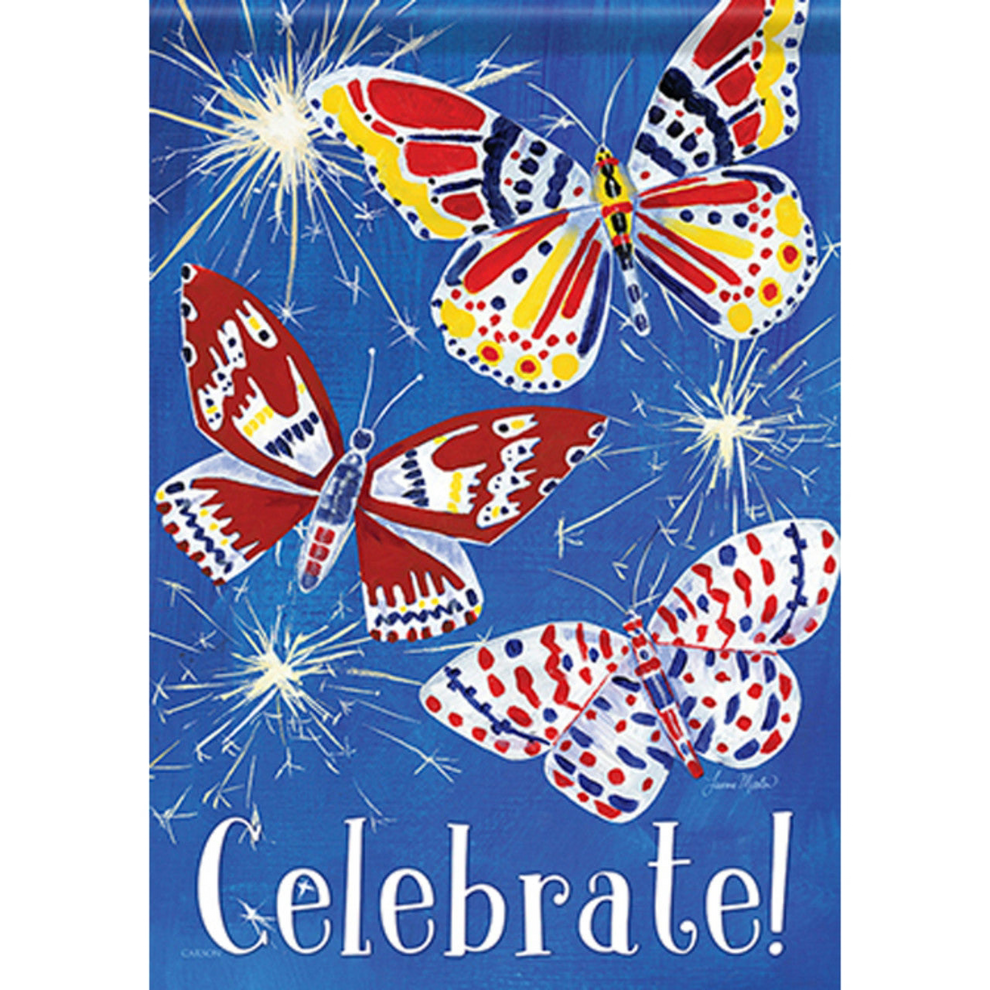 Decorative garden flag with colorful butterflies and the word 'Celebrate!' on a blue background