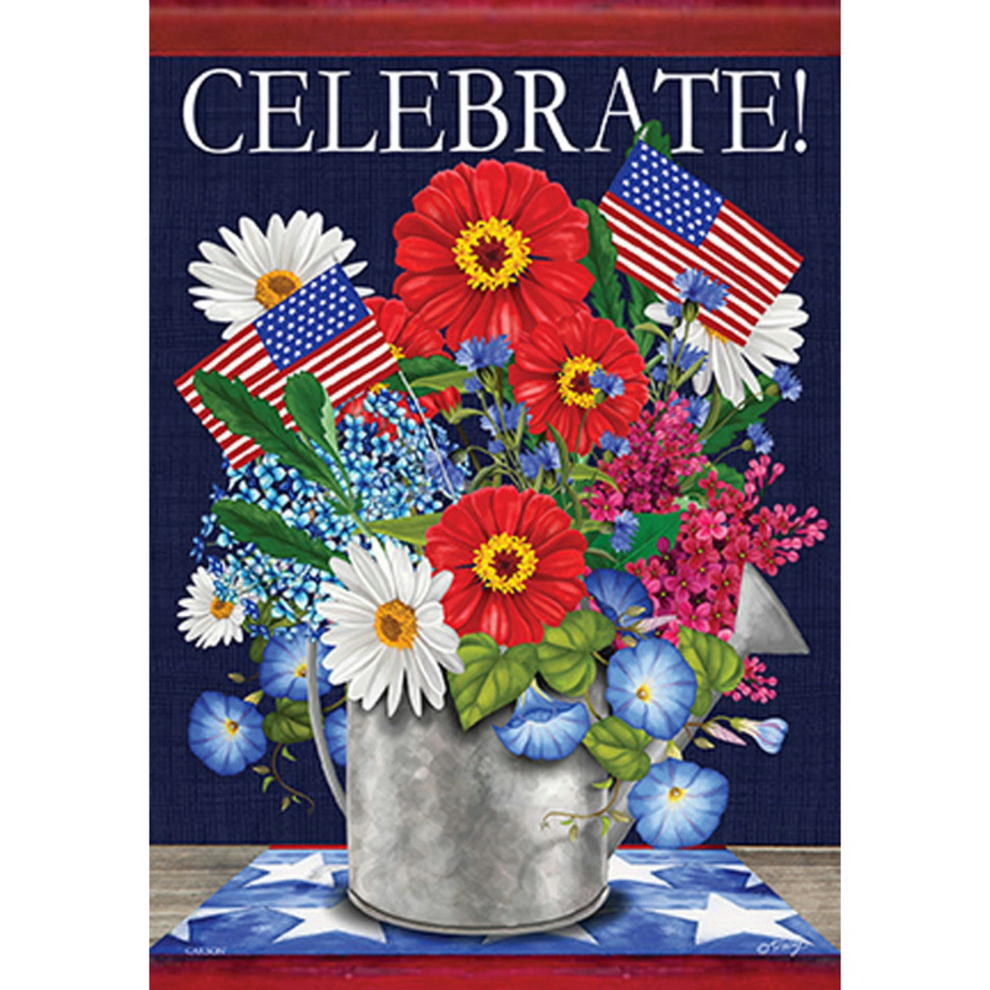 Decorative flag with flowers, American flags, and 'Celebrate!' text on a blue background.