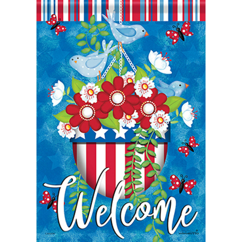 Decorative flag with flowers, birds, and butterflies on a blue background