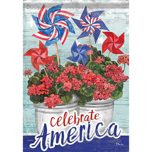 Decorative garden flag with red, white, and blue pinwheels and flowers with 'Celebrate America' text.