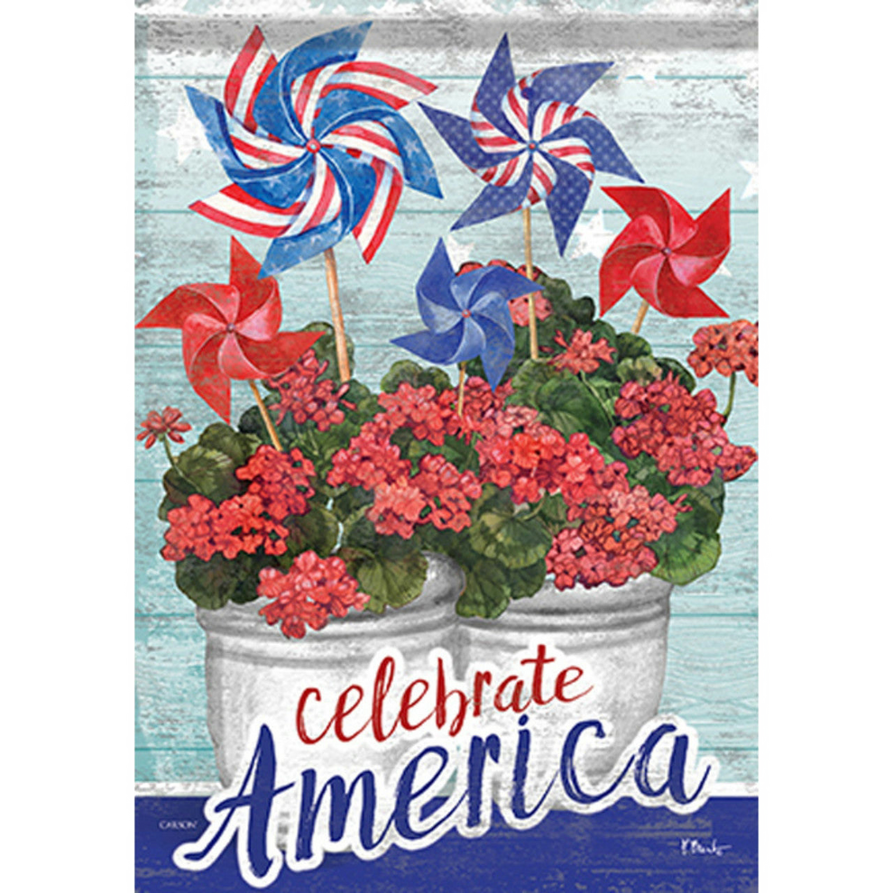 Decorative garden flag with red, white, and blue pinwheels and flowers with 'Celebrate America' text.