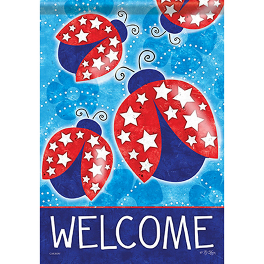 Decorative flag with red and blue ladybugs and stars on a blue background with 'WELCOME' text.