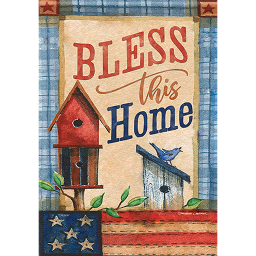 Decorative flag with 'Bless this Home' text, birdhouses, and a bluebird on a plaid background.